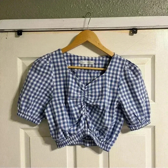 Gingham blue crop top puffy sleeve bubble sleeve top small - Picture 1 of 5